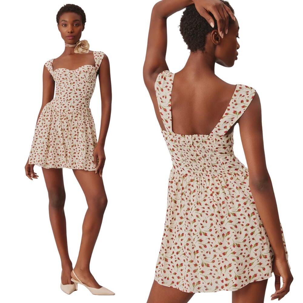 Reformation Floral Taiga Mini Dress Marion Rosebud 6 Cream Red Romantic Airy